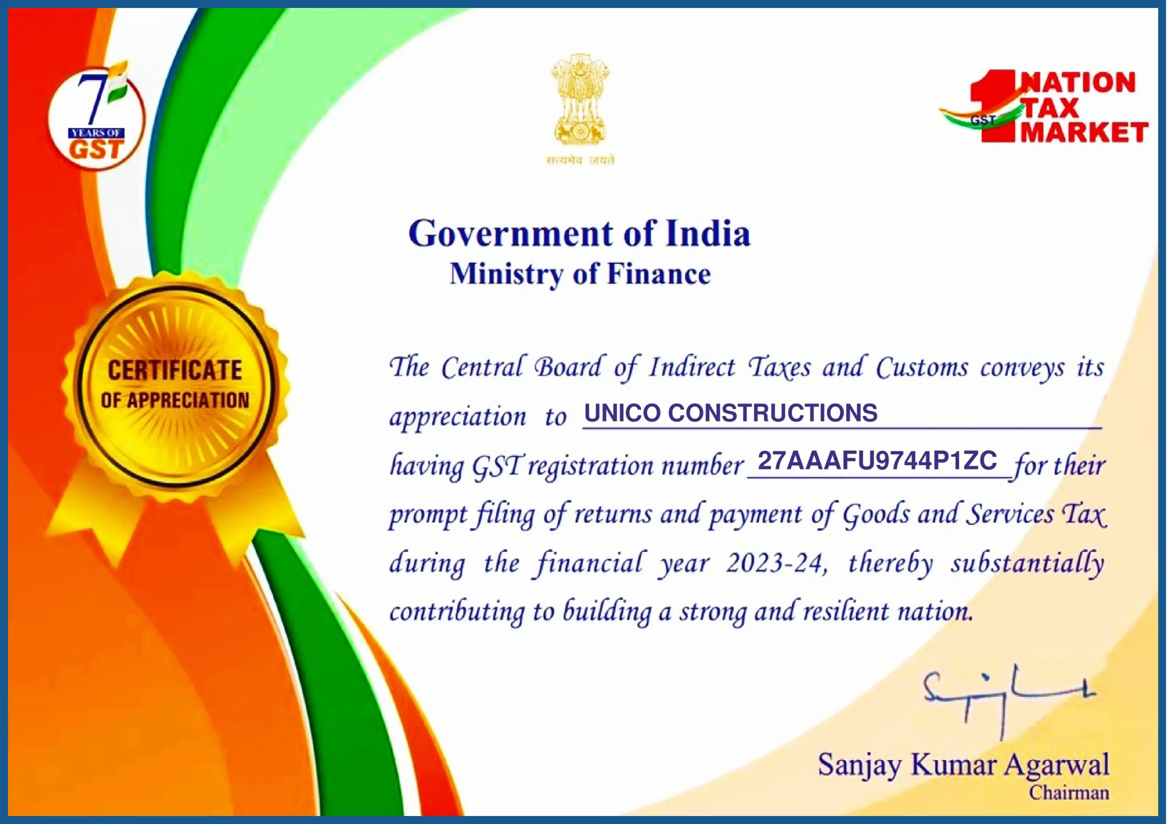 CERTIFICATE OF APPRECIATION By Government of India Ministry of Finance